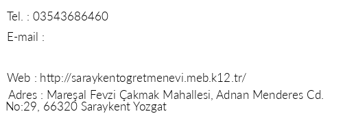 Yozgat Saraykent retmenevi telefon numaralar, faks, e-mail, posta adresi ve iletiim bilgileri